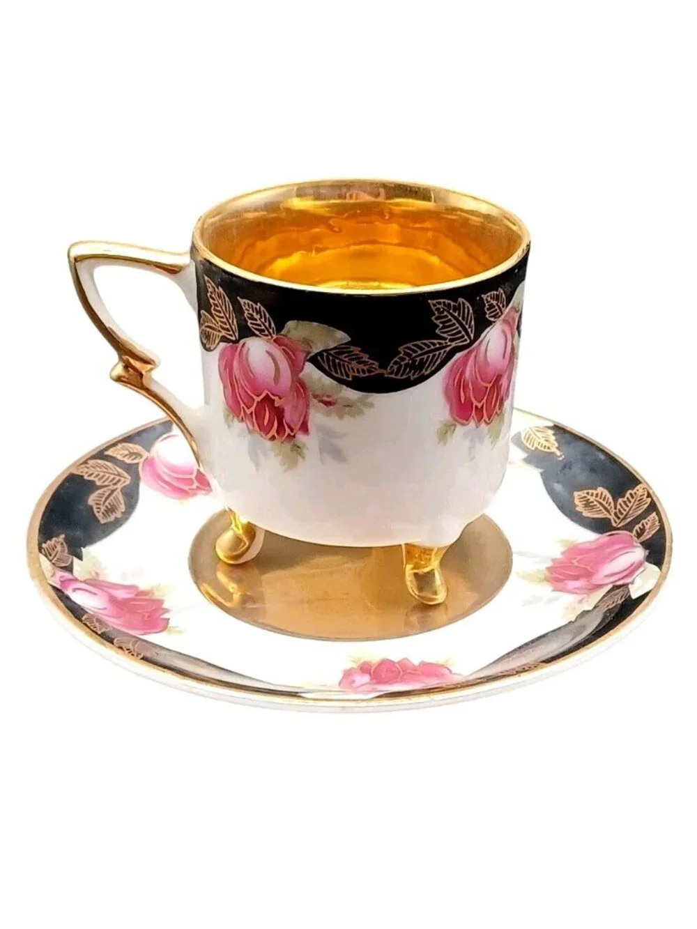 Vintage Lefton Footed Demitasse Cup Saucer #20515 Japan Gold Pink Roses Black